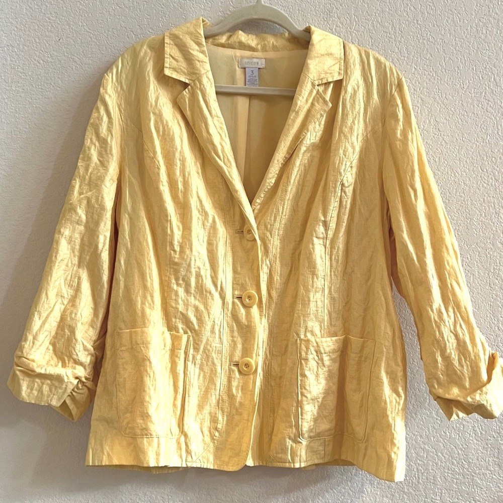 Chicos Shimmery Butter Yellow Jacket Blouse Top with‎ Ruched Sleeves Size 3 (XL)
